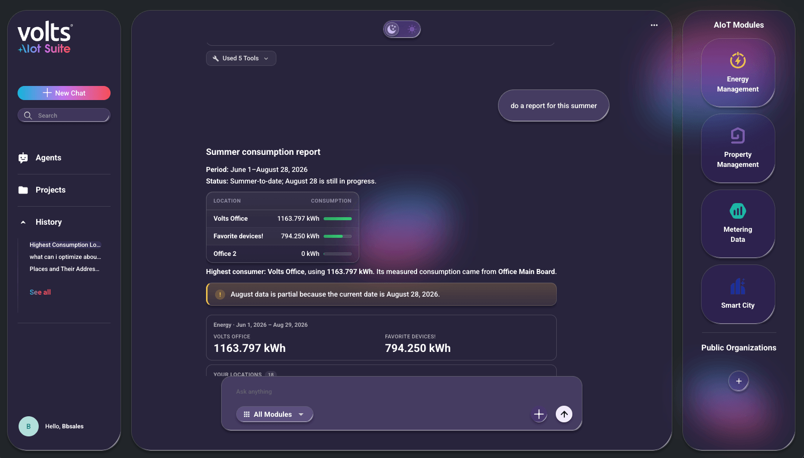 A Volts agent result listing the tools it used and the record each figure came from.