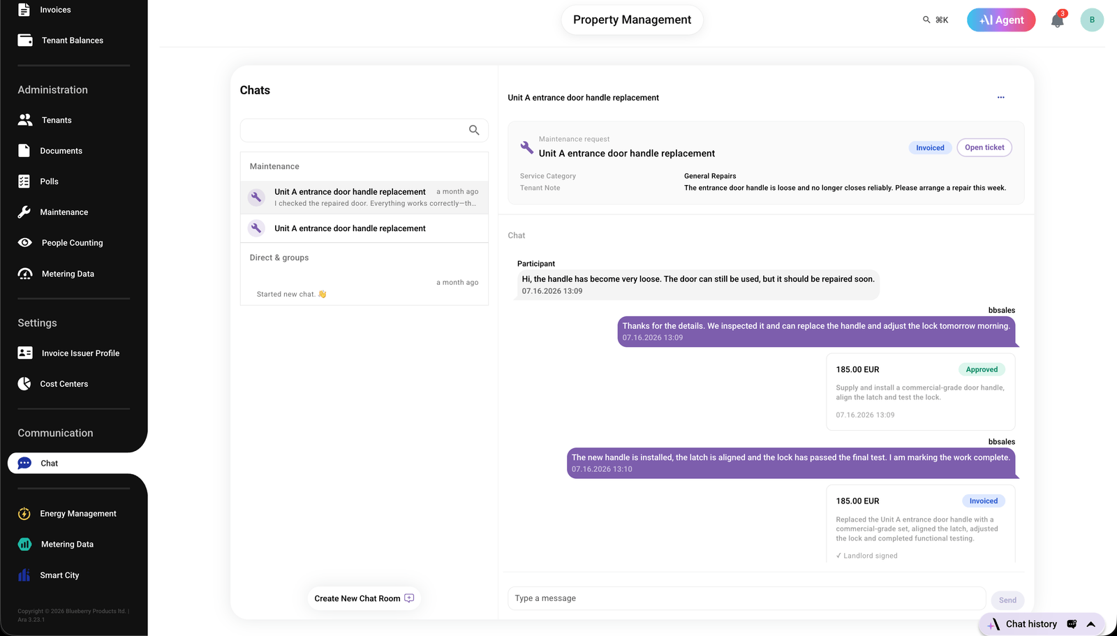 Volts tenant request showing the issue, location, attachments, approval and related work status.