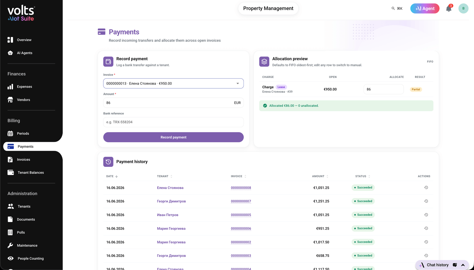 Volts payment record allocating a bank transfer across the tenant&rsquo;s open invoices.