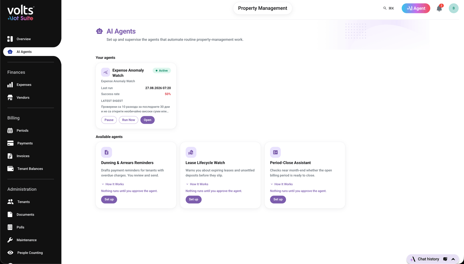 Volts AI agents showing portfolio exceptions, recommended actions and approval status.