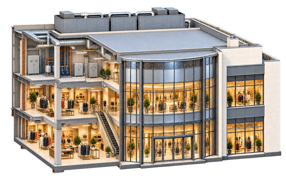 Cutaway of a shopping centre: air-handling units on the roof, a plant room with electrical panels, pumps and controllers, and two shop floors with an escalator