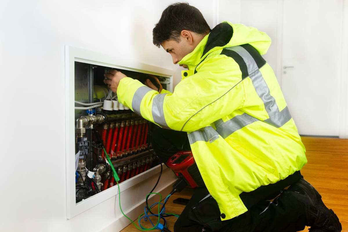 An engineer in a high-visibility jacket testing a heating manifold with a handheld meter
