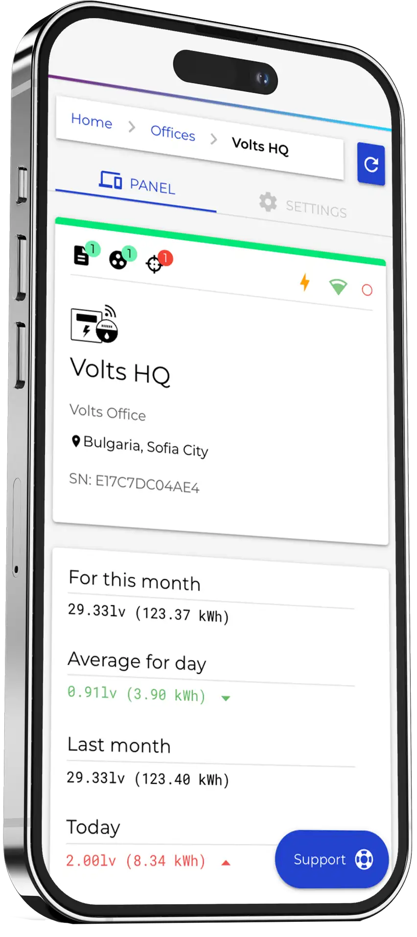Volts mobile app displaying real-time energy usage for Volts HQ in Sofia, Bulgaria. The app provides detailed monthly, daily, and real-time energy consumption data, allowing businesses to monitor and optimize energy efficiency. This interface showcases insights into power usage, cost tracking, and sustainability metrics, helping companies reduce energy expenses and lower their CO2 footprint through smart energy management