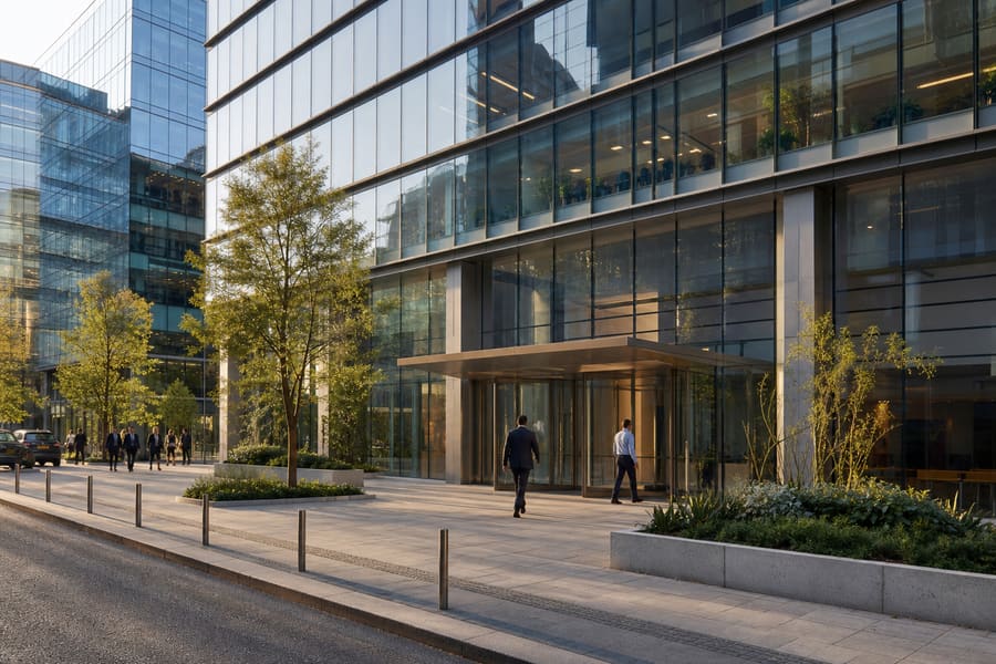 The entrance of a glass office building, tenants arriving in the morning