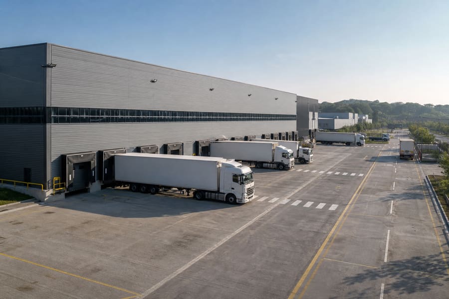 Trailers at the loading docks of a distribution warehouse