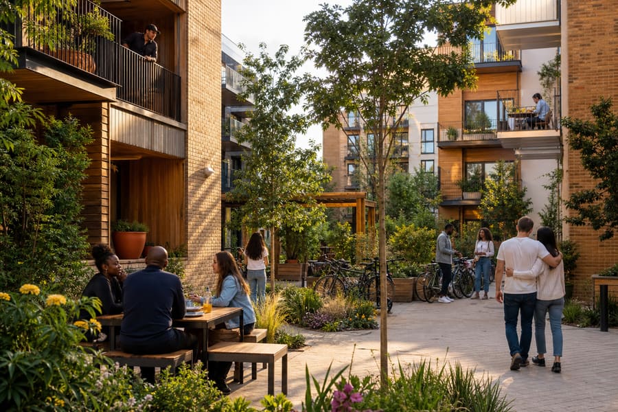 A residential courtyard between apartment blocks, residents outside in the evening