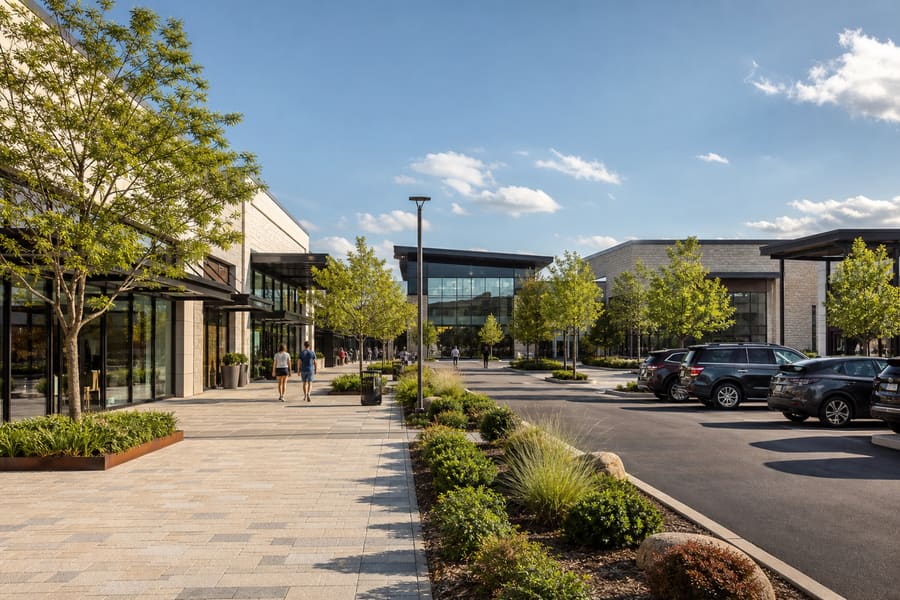 A retail park at midday - shopfronts, walkways and the parking that shares one meter